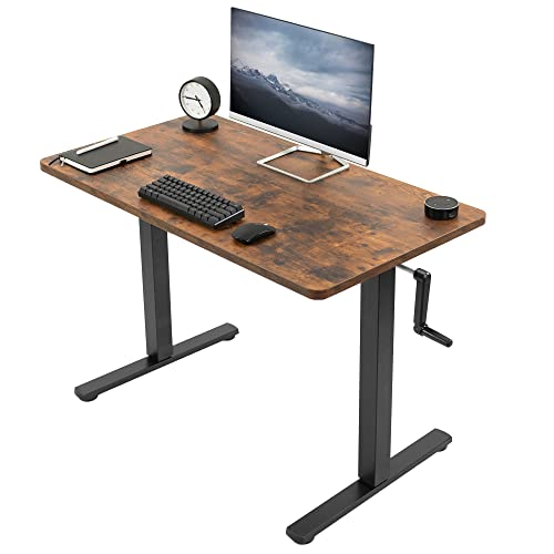 VIVO Manual Height Adjustable 43 x 24 inch Stand Up Desk, Vintage Brown Solid One-Piece Table Top, Black Frame, Standing Workstation with Hand Crank, DESK-KIT-CB4N