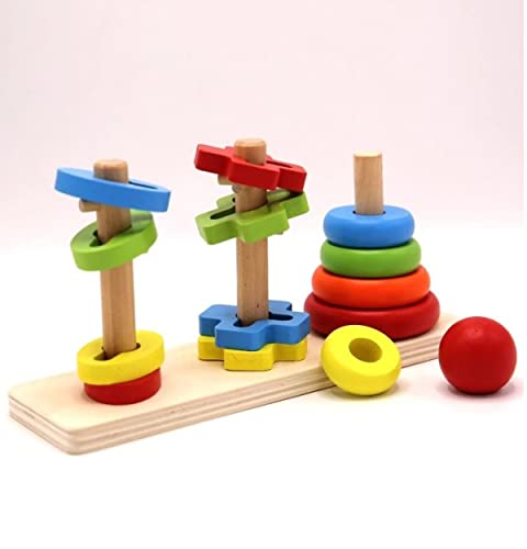 KanCai Wooden Rainbow Column Tower Stacking Rings Toy Classic Stacker ​Wooden Shape Color Recognition Sorting & Stacking Block Puzzle for 3-6 Year Olds