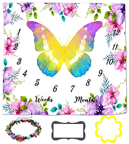 LYLYCTY Baby Monthly Milestone Blanket for 1 to 12 Months Baby, Flower and Butterfly Blanket for Baby Pictures Personalized, Includes Wreath and Frame 47″x47″ BTZYLY36