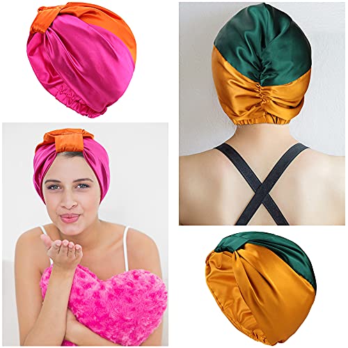 QMSILR Satin Silk Bonnet Double Layer Sleeping Cap Night Cap for Women Elastic Knotted Turban Hair Loss Cap Head Cover for Curly Natural Long Hair 2 Pack (Pink, Green) | The Storepaperoomates Retail Market - Fast Affordable Shopping