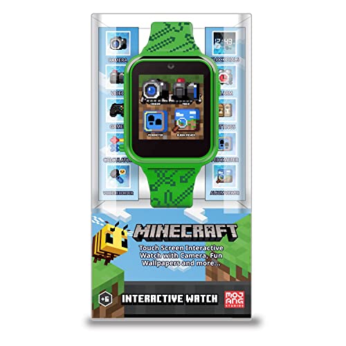 Accutime Kids Microsoft Minecraft Green Educational Touchscreen Smart Watch Toy for Boys, Girls, Toddlers – Selfie Cam, Learning Games, Alarm, Calculator, Pedometer & More (Model: MIN4045AZ)