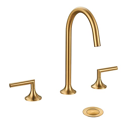2-Lever Handle 8 Inch Bathroom Sink Faucet with Pop Up Drain Assembly 3 Hole Deck Mounted Come with Water Supply Hoses (Brushed Gold)