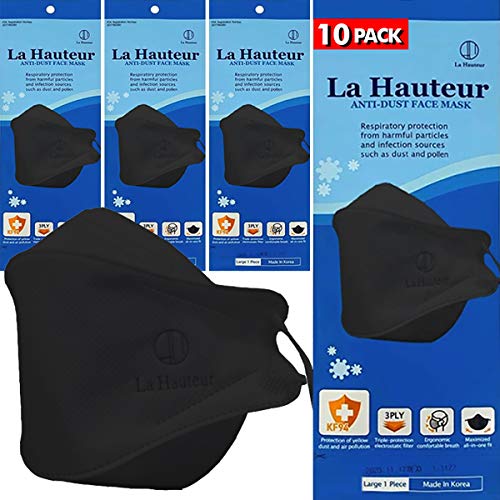 (Pack of 10) [La Hauteur] Premium Filters (KF94 Certified) Face Mask (Made in Korea) Respirators Protective Disposable Dust Covers (Adults) Best Breathing in KF94 (Individual Packaged) (Black)