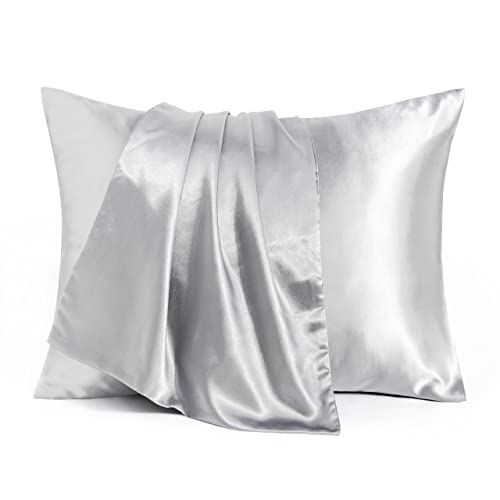 BEDSUM 2 Pack Silk Satin Toddler Pillowcases, Luxury Silky Travel Envelope Closure Pillow Cases for Baby Boys and Girls, 14×20 Inches, Silver Grey
