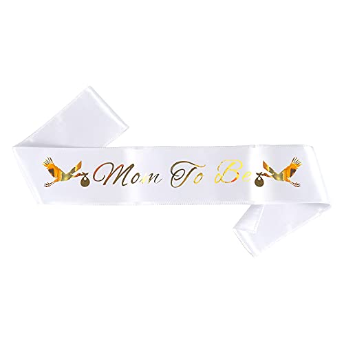 White Baby Shower Sash”Mom to Be” with Cute Stork Image for Mom, Girl Princess Boy Prince (White & Gold Lettering) Baby Shower Party Decorations, Gifts, Favors, Kit, Mommy Supplies | The Storepaperoomates Retail Market - Fast Affordable Shopping