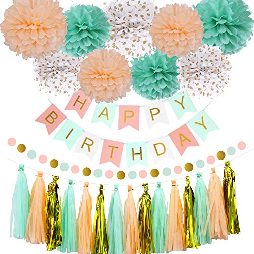 Mint Peach Birthday Party Decorations, Happy Birthday Decoration Set with Birthday Banner Pom Poms Circle Dot Garland and Tassel Garland for Women Grils Birthday Party Decor