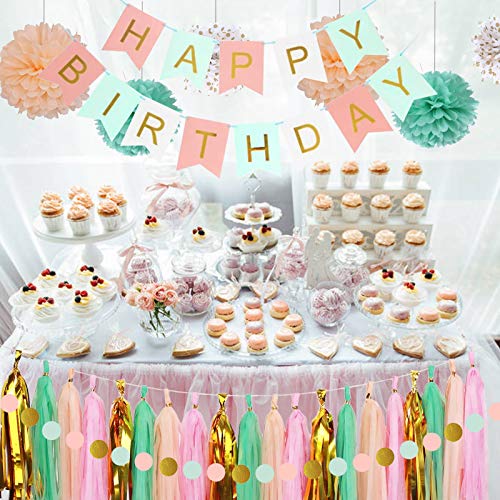 Mint Peach Birthday Party Decorations, Happy Birthday Decoration Set with Birthday Banner Pom Poms Circle Dot Garland and Tassel Garland for Women Grils Birthday Party Decor | The Storepaperoomates Retail Market - Fast Affordable Shopping