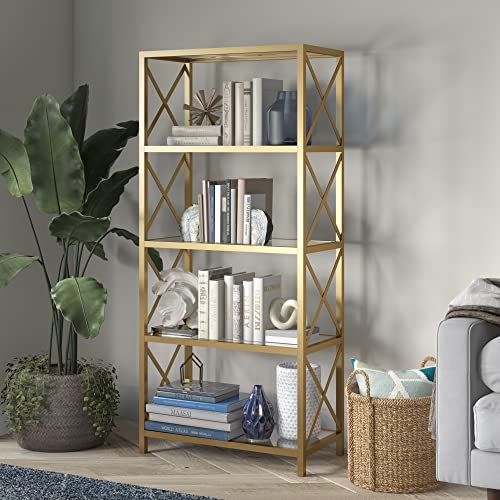 Celine 30” Wide Rectangular Bookcase in Brushed Brass