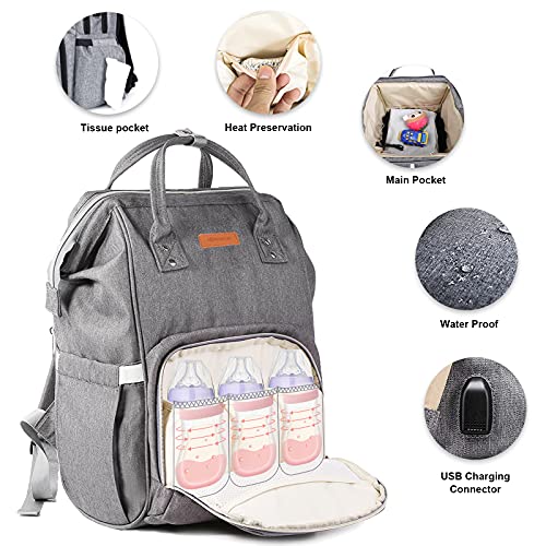BICHIKEY Large Diaper Bag Travel Backpack, Multipurpose Waterproof Baby Nappy Bag with Insulated Pockets,Built-in USB Charging Port, Portable Back Pack Opening, Grey | The Storepaperoomates Retail Market - Fast Affordable Shopping
