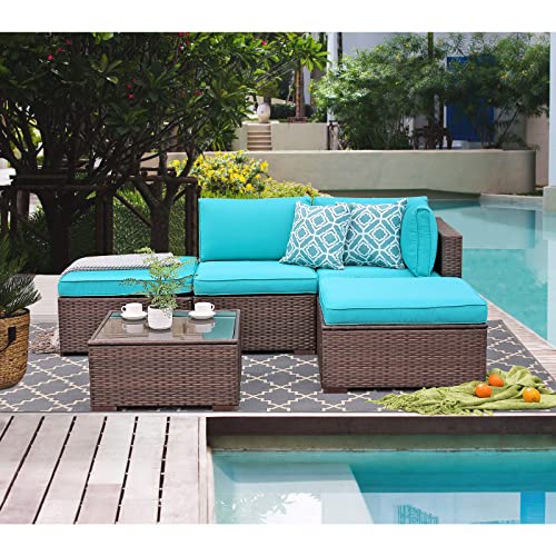OC Orange-Casual 5-Piece Patio Furniture Set All-Weather Outdoor Sectional Sofa Set Wicker Couches with Glass Top Coffee Table & Ottoman, Brown Rattan, Turquoise Cushion | The Storepaperoomates Retail Market - Fast Affordable Shopping