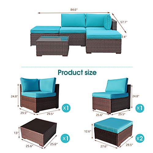 OC Orange-Casual 5-Piece Patio Furniture Set All-Weather Outdoor Sectional Sofa Set Wicker Couches with Glass Top Coffee Table & Ottoman, Brown Rattan, Turquoise Cushion | The Storepaperoomates Retail Market - Fast Affordable Shopping