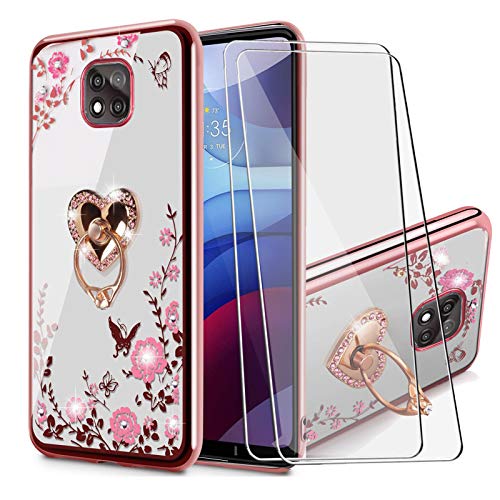 BTShare for Moto G Power 2021 Case with Tempered Glass Screen Protector (2 Packs), Bling Crystal Transparent Soft TPU Clear Back Slim Fit Kickstand Cover for Girls Metal Ring Holder Grip, Love