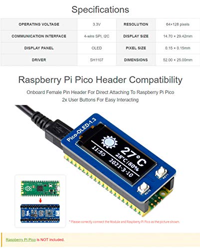 Waveshare 1.3inch OLED Display Module for Raspberry Pi Pico, 64×128 Pixels, 4-Wire SPI and I2C Interface Embedded SH1107 Driver with Two User Buttons for Easy Interacting | The Storepaperoomates Retail Market - Fast Affordable Shopping