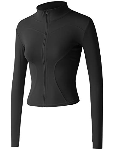 Locachy Women’s Lightweight Stretchy Workout Full Zip Running Track Jacket with Thumb Holes Black S