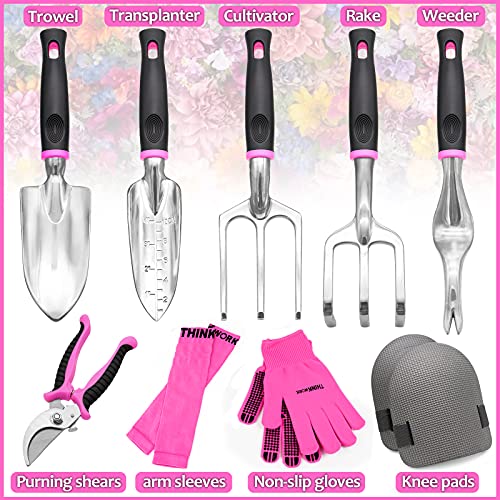 THINKWORK Pink Garden Tools, Gardening Gifts for Women, with 2 in 1 Detachable Storage Bag, Trowel, Transplanter, Rake, Weeder, Cultivator, Purning Shears and 3 Additional Protection Tools | The Storepaperoomates Retail Market - Fast Affordable Shopping