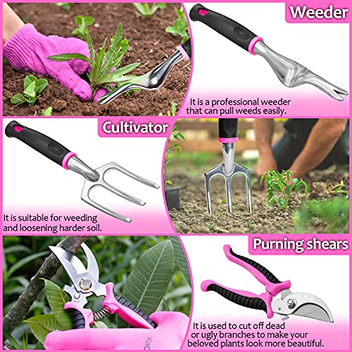 THINKWORK Pink Garden Tools, Gardening Gifts for Women, with 2 in 1 Detachable Storage Bag, Trowel, Transplanter, Rake, Weeder, Cultivator, Purning Shears and 3 Additional Protection Tools | The Storepaperoomates Retail Market - Fast Affordable Shopping