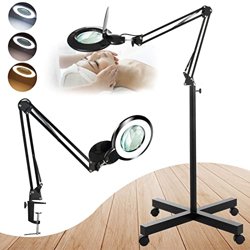 (New Upgrade) 10X Magnifying Floor Lamp with Clamp and 4 Wheel Rolling Base, HITTI 2200 LM LED 3 Color Dimmable Magnifying Glass with Light, Adjustable Arm Lighted Magnifier for Craft, Esthetican | The Storepaperoomates Retail Market - Fast Affordable Shopping