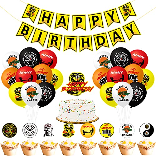 Unbess 51Pcs Cobra Karate Taekwondo Birthday Decorations Kit Including Pattern Latex Balloons, HAPPY BIRTHDAY Banner, Cake & Cupcake Toppers, Miyagi-do Eagle Fang Party Supplies for Kids Adults