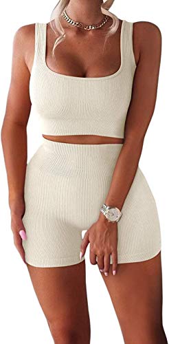 TWFRHC Women’s Workout Sets Ribbed Tank 2 Piece Seamless High Waist Gym Yoga Shorts Outfit, 01off White, Medium