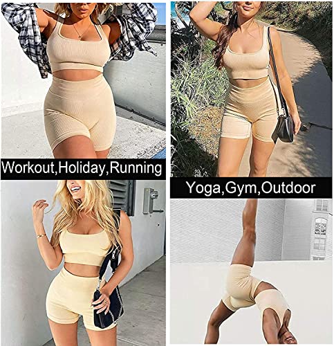 TWFRHC Women’s Workout Sets Ribbed Tank 2 Piece Seamless High Waist Gym Yoga Shorts Outfit, 01off White, Medium | The Storepaperoomates Retail Market - Fast Affordable Shopping