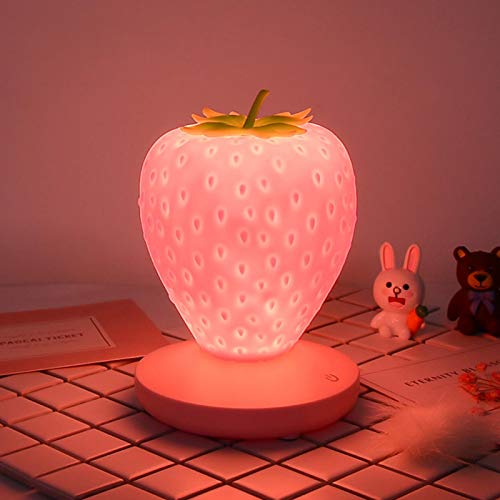 EMVANV Strawberry Night Light, Cute Silicone Strawberry Bedroom LED Touch Control Dimmable Night Light Bedside Color Changing Lamp for Kids Children