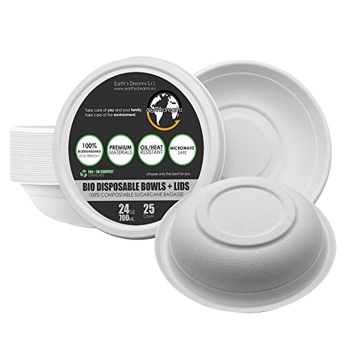 Earth’s Dreams Heavy Duty Disposable Paper Bowls (Pack of 25) – 24 Oz Compostable Bowls with Lids – Eco-Friendly and Biodegradable, 100% Natural Sugarcane Fiber, White Bagasse-for Soup & Ice Cream | The Storepaperoomates Retail Market - Fast Affordable Shopping