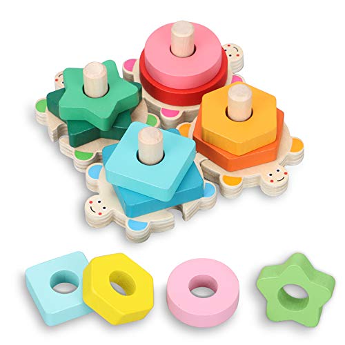 TsingBolo Wooden Stacking Toys for Toddler 1 2 3 4 Year Old,Preschool Learning Montessori Educational Toys for Toddlers,Shape Color Recognition Block Stack Sort Puzzle Toys for Girls Boys