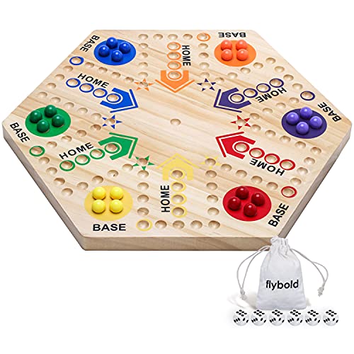 flybold Marble Board Game – Original Wahoo Board Game – Double Sided Painted 6 and 4 Player Wooden Fast Track Aggravation Board Game Original with 6 Colors 24 Marbles 6 Dice and Velvet Draw Bag