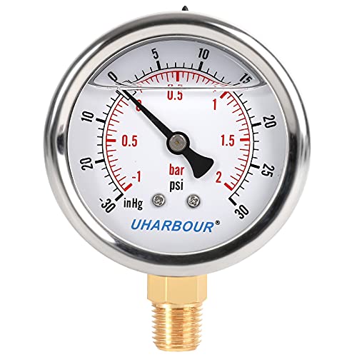 UHARBOUR Glycerin Filled Vacuum Pressure Gauge, 2-1/2″ Clear dial,1/4″NPT Bottom Connection, Stainless Steel Case, Brass Movement, Dual Scales -30HG/30PSI