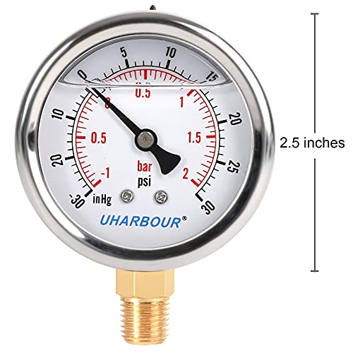 UHARBOUR Glycerin Filled Vacuum Pressure Gauge, 2-1/2″ Clear dial,1/4″NPT Bottom Connection, Stainless Steel Case, Brass Movement, Dual Scales -30HG/30PSI | The Storepaperoomates Retail Market - Fast Affordable Shopping