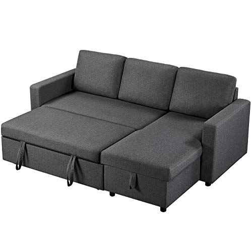 Topeakmart Convertible Sectional Futon Sofa Couch w/Pull Out Bed & Storage 4-seat Modern Linen Fabric Reversible Chaise Sleeper w/Chaise L-Shaped Reversible Sofa & Bed for Limited Spaces Gray