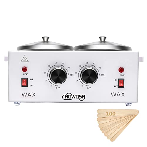 Double Wax Warmer Professional Electric Wax Heater Machine for Hair Removal, Dual Wax Pot Paraffin Facial Skin Body SPA Salon Equipment with Adjustable Temperature Set – 100 Wax Applicator Sticks