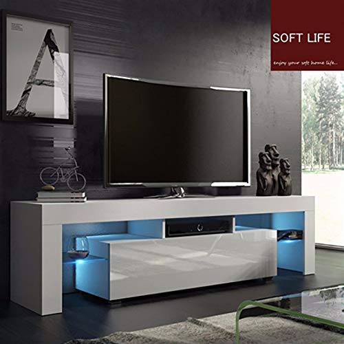 FRJINIE Modern White TV Stand with LED Lights, Minimalist Wood Television Stand Media Storage Console Cabinet with High-Gloss LED Light, Home Office (US Direct, White) | The Storepaperoomates Retail Market - Fast Affordable Shopping