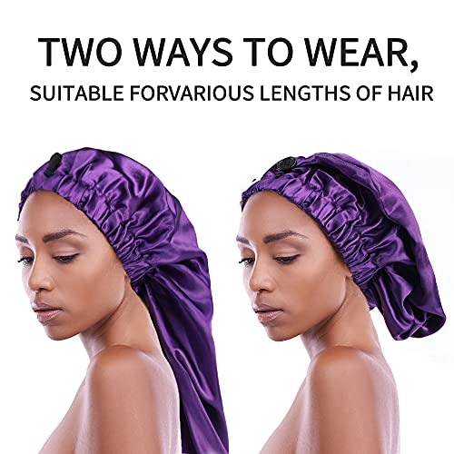 2PCS Satin Hair Braid Bonnet for Black Women Single Layer Sleep Cap with Button Black + Purple | The Storepaperoomates Retail Market - Fast Affordable Shopping