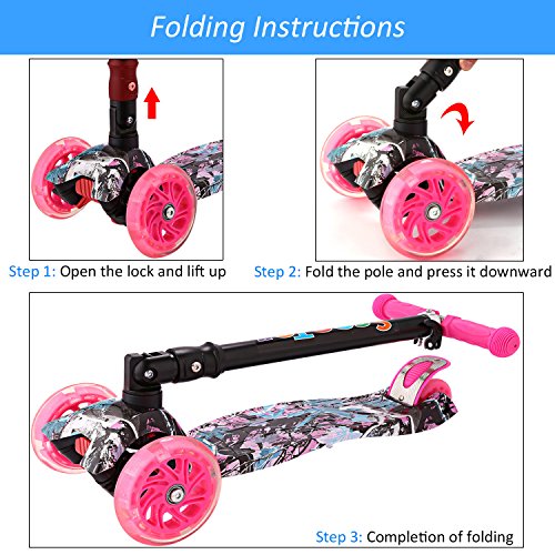 Hikole Scooter for Kids, Foldable Scooter for Toddlers Girls & Boys with LED Light Up Scooters Wheels, Adjustable Height Scooter for Children Ages 4-12 (Pink (Foldable)) | The Storepaperoomates Retail Market - Fast Affordable Shopping