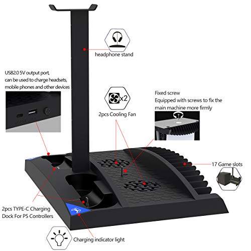 PS5 Cooling Fan Charging Station Dock Vertical Stand for PS5 Digital Edition/Ultra HD with Headphone Stand, 2 DualSense Controller Charging Dock,17 Retractable Game Slots | The Storepaperoomates Retail Market - Fast Affordable Shopping