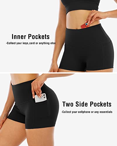 CHRLEISURE Spandex Yoga Shorts with Pockets for Women, High Waisted Workout Booty Shorts (4 Black, M) | The Storepaperoomates Retail Market - Fast Affordable Shopping