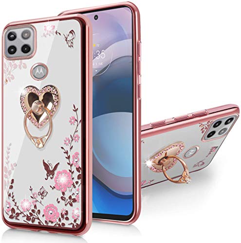 B-wishy for Motorola Moto One 5G Ace Case, Glitter Crystal Sparkling Diamond Butterfly Flowers with Ring Stand Slim TPU Luxury Bling Cute for Girl Women Cover for Moto G 5G 2021-Rose Gold