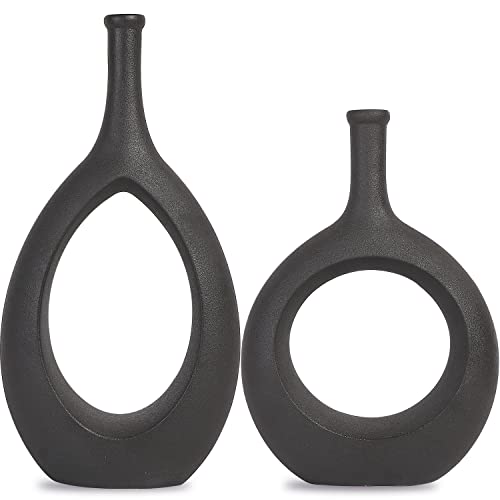 SANFERGE Set of 2 Black Ceramic Flower Vase, Hollow Oval Vase for Home Décor Office Decoration, Modern Geometric Vases Figurines Ornament for Living Room Bedroom Dining Table | The Storepaperoomates Retail Market - Fast Affordable Shopping