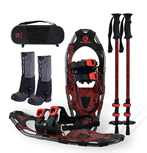 G2 21 Inches Light Weight Snowshoes for Women Men Youth, Set with Trekking Poles, Tote Bag, Gaiters,Special Fast Ratchet Binding, Red Available
