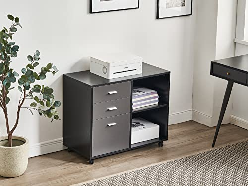 WILLIAMSPACE 3-Drawer Wood File Cabinet, Mobile Lateral Filing Cabinet on Wheels for Printer Stand with Open Storage Shelves for Home Office (Black Oak + Dark Grey) | The Storepaperoomates Retail Market - Fast Affordable Shopping