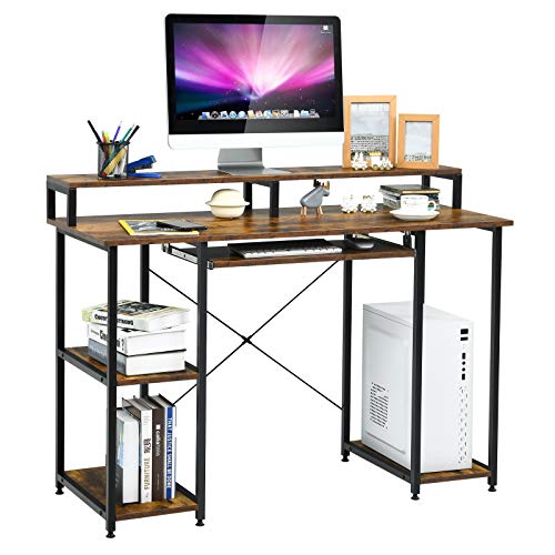 Tangkula Computer Desk with Keyboard Tray & Storage Shelves, Study Writing Desk with Monitor Stand for Home Office, Modern Simple Computer Workstation for Small Spaces (Rustic Brown)