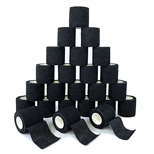 [24Pack 2″x5 Yards] Black-Self Adhesive Bandages Sports Wrap, Athletic Elastic Cohesive Bandage for Sports, Injuries, Treatments, and Recovery, First Aid Tape Vet Wrap for Cat, Dog