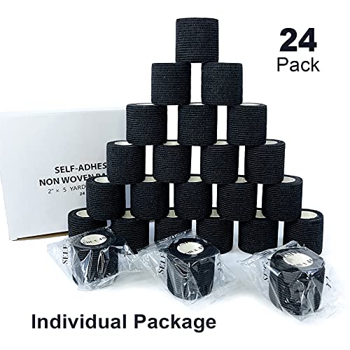[24Pack 2″x5 Yards] Black-Self Adhesive Bandages Sports Wrap, Athletic Elastic Cohesive Bandage for Sports, Injuries, Treatments, and Recovery, First Aid Tape Vet Wrap for Cat, Dog | The Storepaperoomates Retail Market - Fast Affordable Shopping