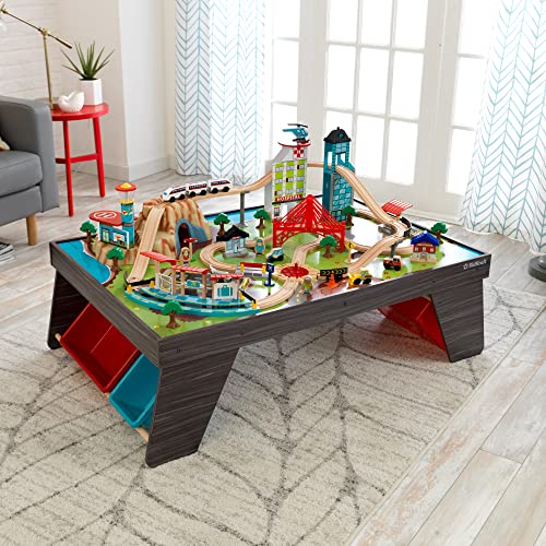 KidKraft Pacific Railway Wooden Train Set and Table Toy with 85 Pieces, Storage Bins – Gray Wash, Gift for Ages 3+ | The Storepaperoomates Retail Market - Fast Affordable Shopping