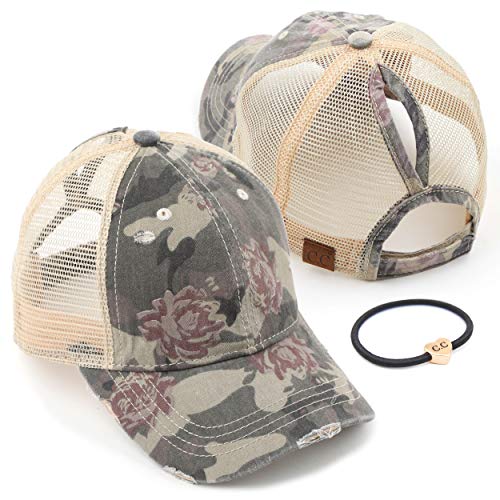C.C Washed Distressed Cotton Denim Ponytail Hat Adjustable Baseball Cap (BT-925) (A Floral Camo/Beige)