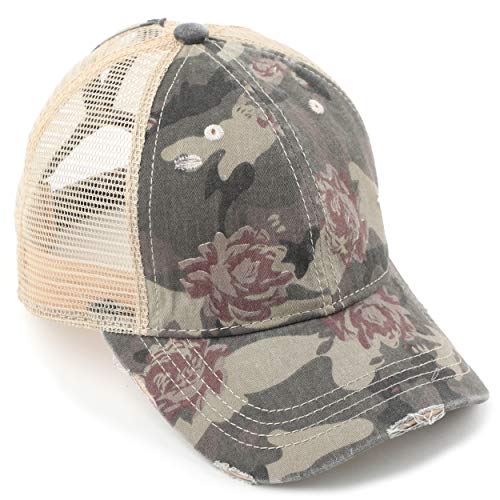 C.C Washed Distressed Cotton Denim Ponytail Hat Adjustable Baseball Cap (BT-925) (A Floral Camo/Beige) | The Storepaperoomates Retail Market - Fast Affordable Shopping