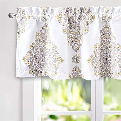 DriftAway Brianna Blossom Floral Sketch Diamond Geometric Printed Pattern Lined Thermal Insulated Window Curtain Valance Rod Pocket Single 52 Inch by 18 Inch Plus 2 Inch Header Yellow