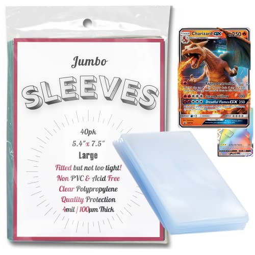 40 Pack Jumbo Pokemon Card Sleeves Fitted for Large Oversized Trading Cards Games and Big Photo | Precision Fit | Premium Quality Clear Thermo Plastic Protection – Large 5.4”x7.5”