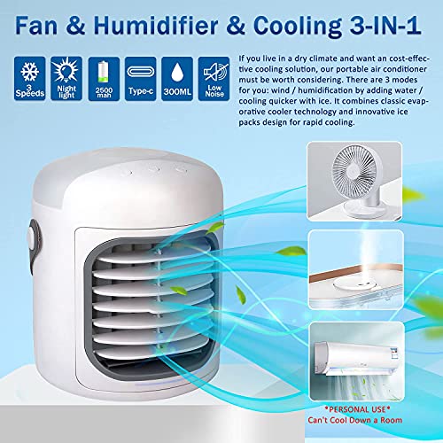 Portable Air Conditioner,Personal Air Cooler, 3-in-1 Evaporative with 3 Speeds,Ice Packs,2500 mAh Battery (white) | The Storepaperoomates Retail Market - Fast Affordable Shopping